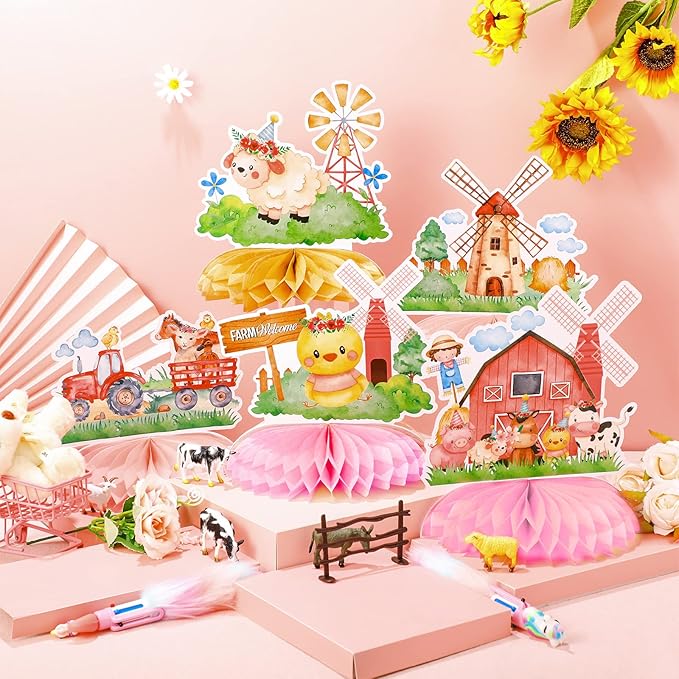 10 Pcs Pink Farm Animals birthday Party Supplies Girl Pink Barnyard Decorations Farm Animal Honeycomb Centerpiece for Table Baby Shower Party Decorations