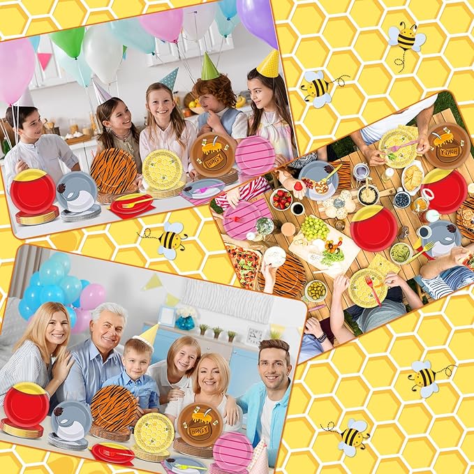 96PCS Cute Bear Birthday Party Plates and Napkins Set Cartoon Bears Theme Party Favor Decor Classic Bear Paper Tableware Dinnerware Set for Home Kids Baby Shower Birthday Parties Decorations Supplies