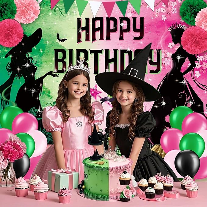 Pink and Green Birthday Party Decorations, Witch Themed Happy Birthday Backdrop Banner Balloons Paper Pom Poms Paper Tassel Foil Fringe Curtains for Girls Princess Birthday Party Supplies Decorations