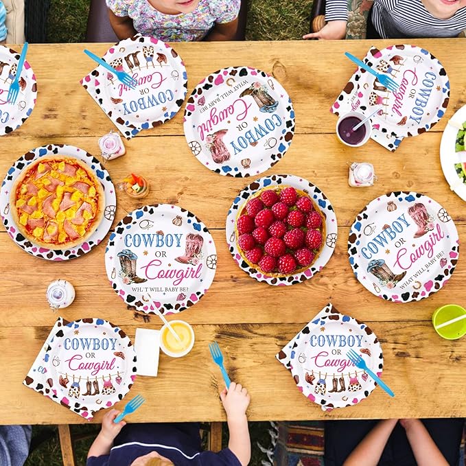 Grencian 96Pcs Western Gender Reveal Decorations Cowboy or Cowgirl Gender Reveal Plates and Napkins Boy or Girl Paper Tableware for Western Rodeo Cowboy or Cowgirl Baby Shower Decorations, Serves 24