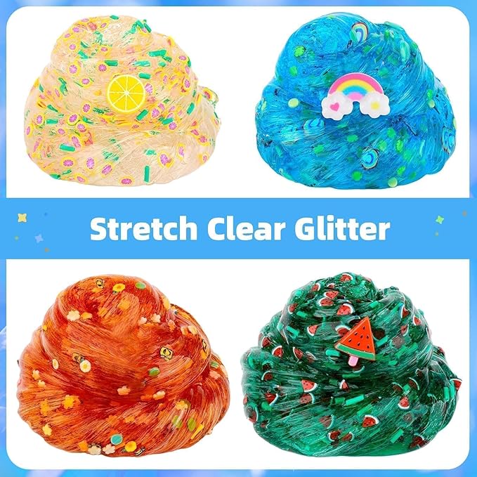 Clear Slime Kit, 5 Pack Crunchy Glitter Crystal Slime Party Favor Gifts, Stress Relief Toy for Girls and Boys, Soft Non-Stick Putty Slime for Kids, DIY Birthday Glue Boba Glimmer