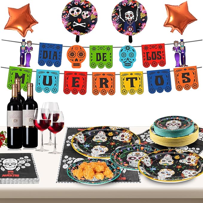 180Pcs Day of the Dead Party Supplies Paper Plates and Napkins Serve 60 Disposable Tableware Set for Birthday Party Decorations Game Day Family Holiday Sports Events