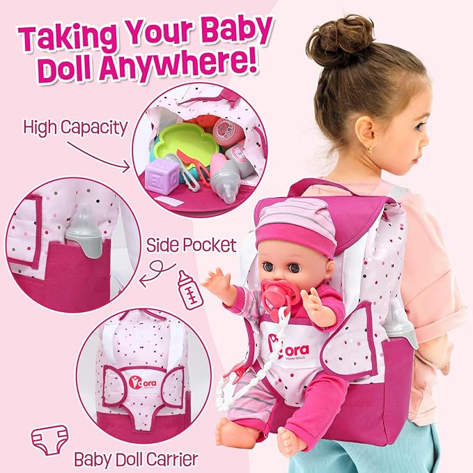 Baby Doll Accessories Playset, Baby Doll Care Toys with Changing Bag Backpack Feeding Set Doll Nappies Bottle Bath, Birthday Toys for Kids Girls (Doll Not Included)