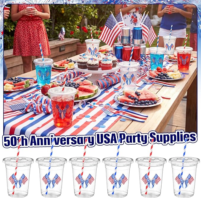 50 Pcs 16 oz 4th of July Cups Bulk Patriotic Party Favors Plastic Tumblers Red White and Blue Independence Day Disposable Party Supplies USA Memorial Drinking Cups for Coffee Juice Beverage