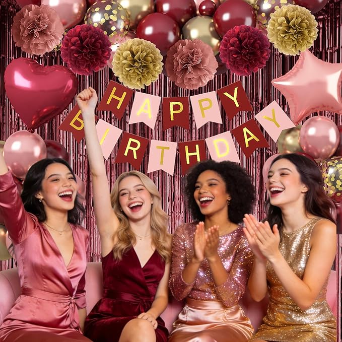 Burgundy Birthday Decorations for Women Girls, Wine Red Rose Gold Balloons Maroon Burgundy Gold Happy Birthdays Balloon Banner Pompoms Curtains for Women Girls Adults Birthday Party Decorations