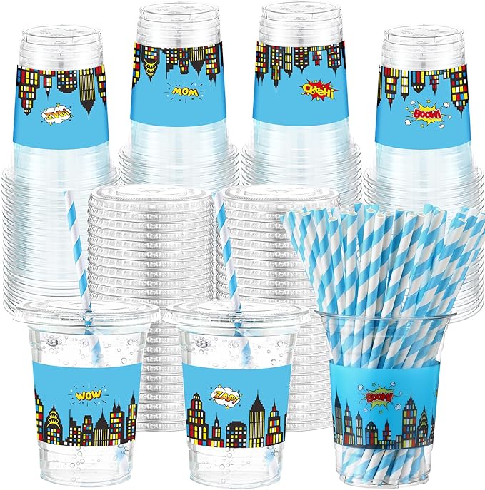 Yungyan 50 Sets Blue Hero Theme Party Plastic Cups with Lids and Straws 16 oz Coffee Juice Drinking Cups for Birthday Baby Shower Party Supplies