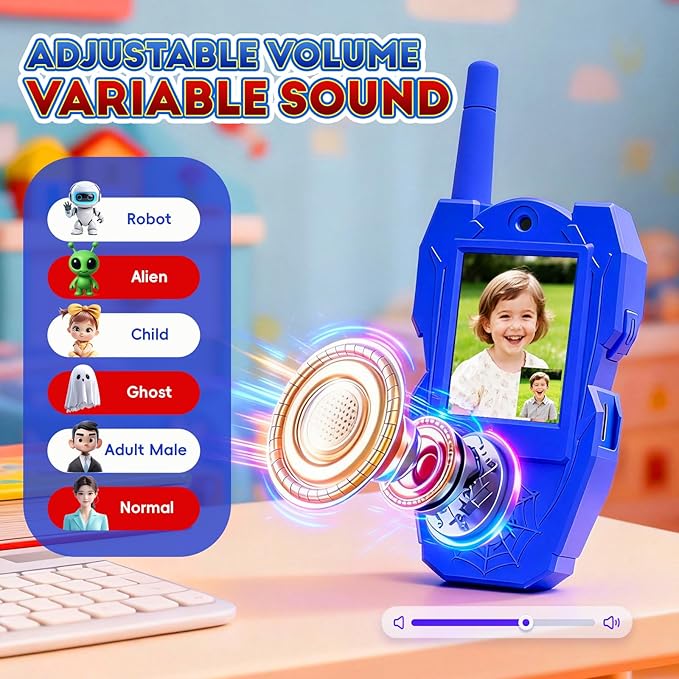Video Walkie Talkies for Kids, 2 Pack Rechargeable Kids Walkie Talkies with Screen & 5 Voice Changer, Long Range Indoor Outdoor Toys for 3-12 Year Old Boys Girls, Easter Birthday Gifts, Spider