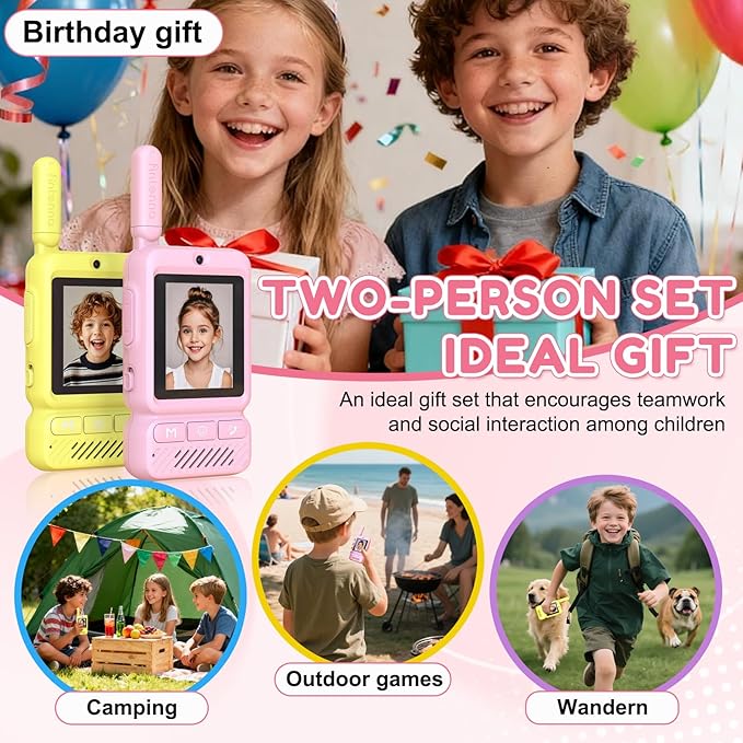 Kids Video Walkie Talkies 2 Pack, Rechargeable Long Range Two-Way Radios with Camera for Boys & Girls Age 3-12 (Yellow/Pink)