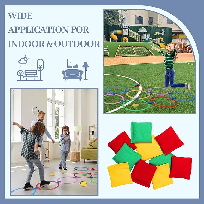 Multi-Game Hopscotch Set with Toss Bean Bags, Hopscotch Ring Game for Kids, Outdoor Physical Games Promoting Coordination, Durable Playground Toys for Boys and Girls