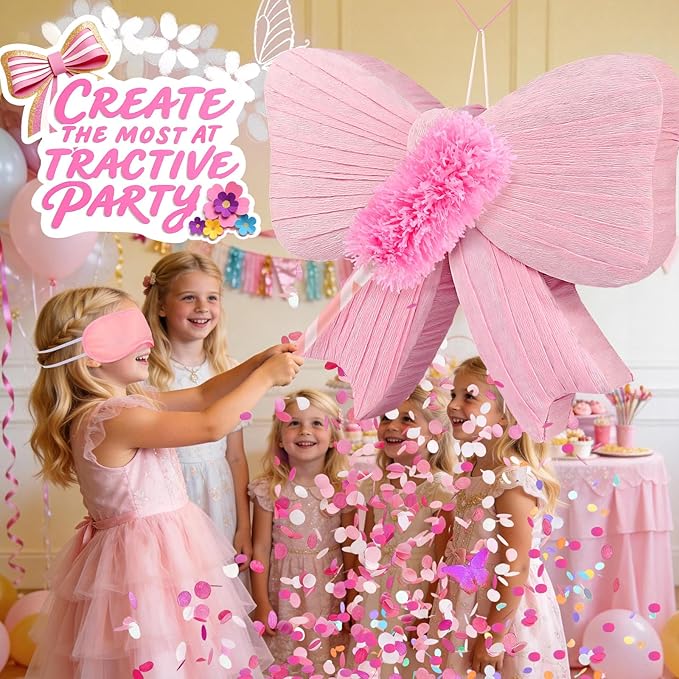 Pink Bow Piñata - Pink Pinata with Blindfold, Bat, Rope for Princess Party Supplies, Girls Kids Birthday Party Decorations