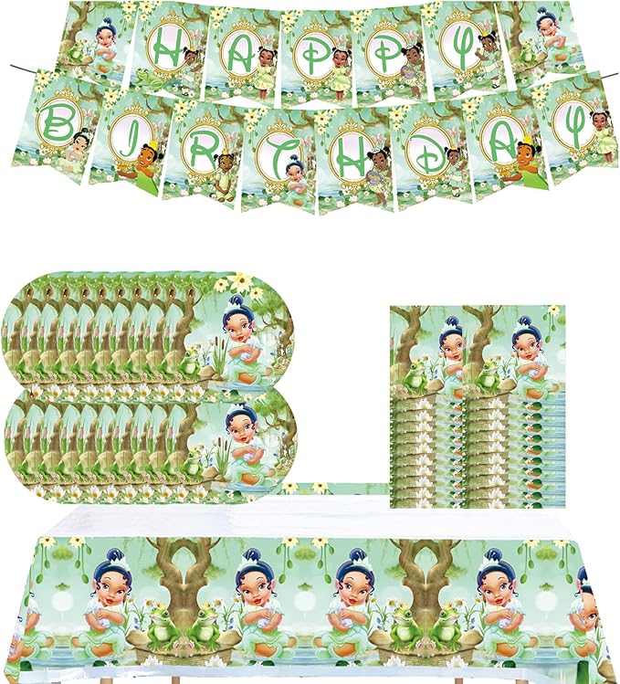 Princess Tiana Birthday Party Decorations, The Frog Tiana Party Tableware with Banner, Tablecloth, Disposable Paper Plates and Napkins for Little Princess Birthday Baby Shower Party Decorations
