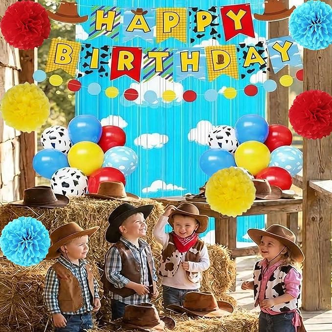 Cartoon Story Birthday Party Supplies Decorations, Include Banner, Balloons, Foil Fringe Curtains, Paper Garland Pull Flower, Tissue Paper Pom Poms