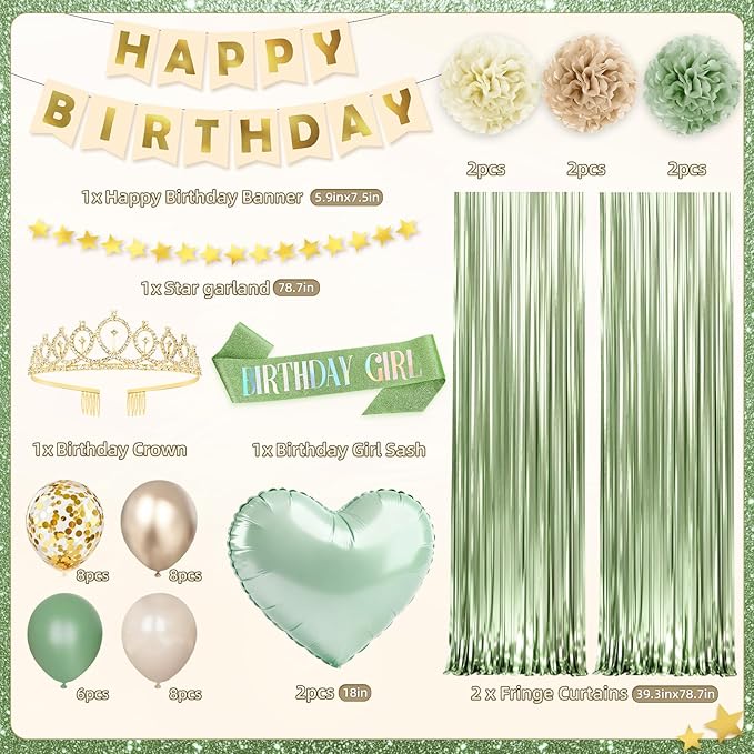 Sage Green Birthday Decorations for Women Girls, 44Pcs Nude Retro Green Party Supplies Include Birthday Girl Sash Crown Banner Fringe Curtain for Women Birthday Decorations