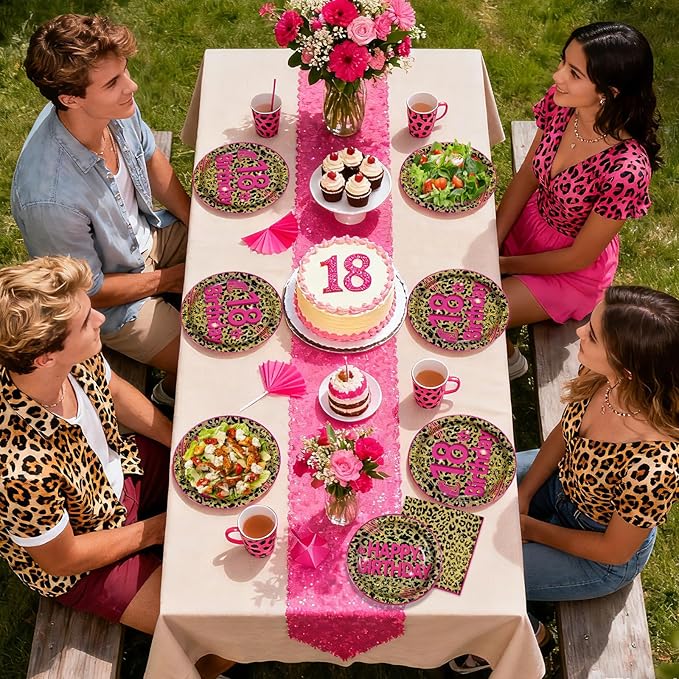 96Pcs Cheetah Print 18th Birthday Party Supplies Pink Animal Leopard Print Plates and Napkins Leopard Happy 18th Birthday Tableware Set for Girls Safari Animal Party Decorations Serves 24