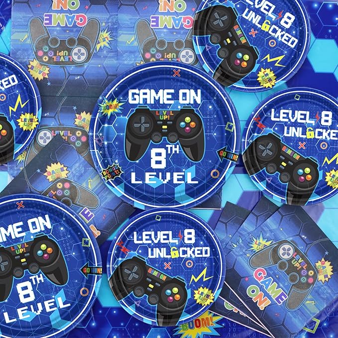 81 Pcs Video Game Party Supplies - 8th Birthday Video Game Party Decor Dinner Plates Napkins Video Game Tablecloth Forks Gaming Party Pack for Kid Boy 8th Birthday Party, Serves 20 (8th)