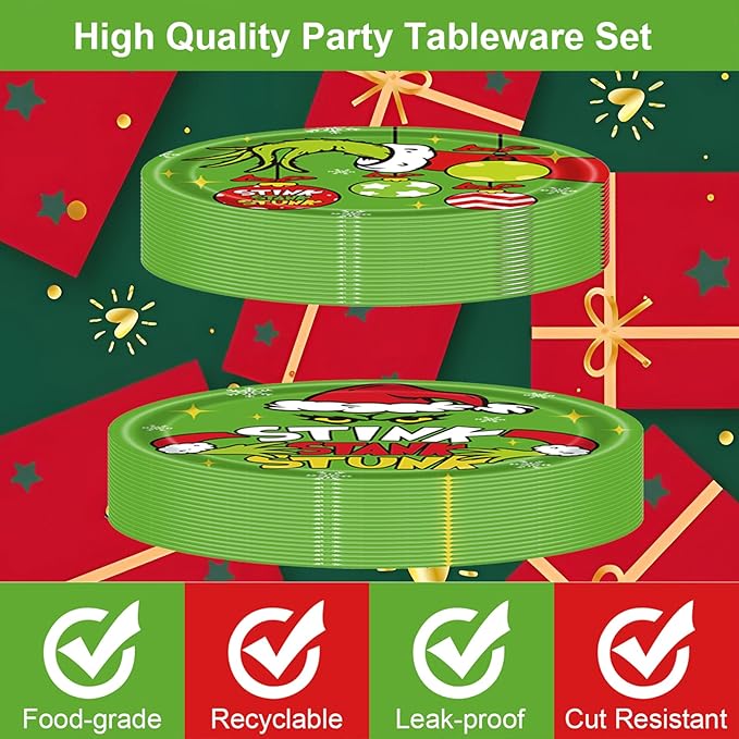 101 PCS Grinchmas Plate Set Christmas Tableware Set for Christmas Party Supplies Birthday Party Decoration