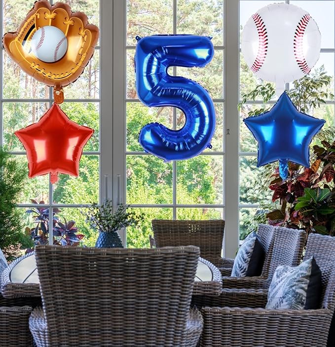 Baseball Balloons 5th Birthday Decorations for Boys | Baseball Birthday Decoration Sports Theme Party Supplies, 32Inch Foil Mylar Number 5 Balloon Navy Blue Red White Sports Balloon Arch Kits