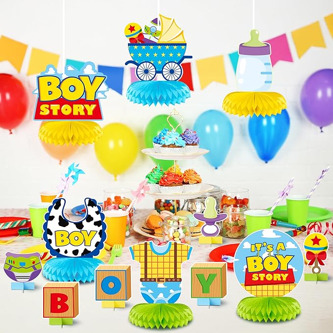 Boy Story Honeycomb Centerpieces - 12PCS Boy Story Baby Shower Party Honeycomb Centerpieces Baby Boys Party Table Decoration It’s a Boys Stories Table Topper for Birthday Party Supplies