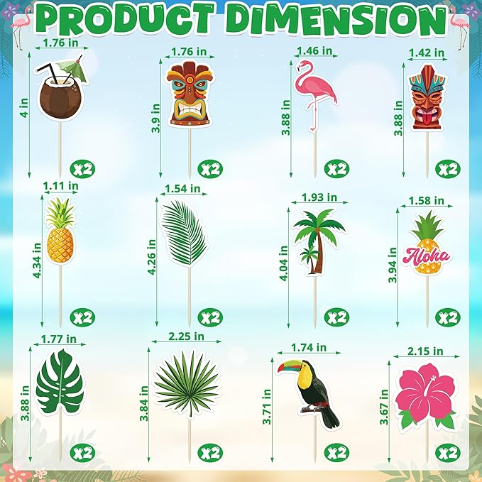 24 Pcs Hawaiian Cupcake Toppers, Disposable Pineapple Flower Palm Tree Flamingo Cake Picks, Aloha Cake Decorations for Summer Hawaiian Luau Theme Birthday, Wedding Party Supplies