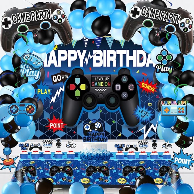 75Piece Video Game Party Decorations Set: Gamer Birthday Supplies with Happy Birthday Backdrop, Table Cover, Hanging Swirls, Cake Toppers, Foil Balloons, Latex Balloons – Perfect Game ON Party!