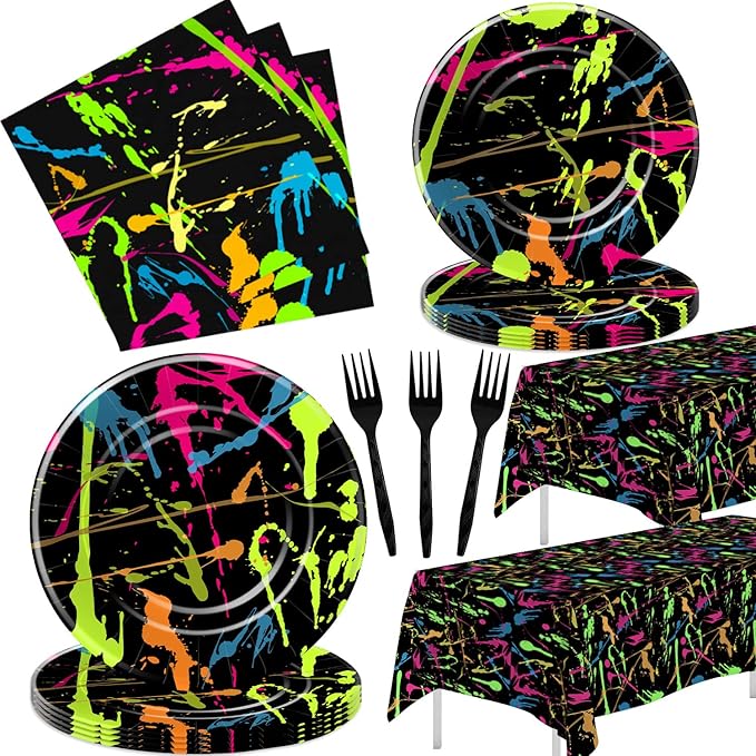 Neon Party Supplies Dinnerware, Neon Graffiti Theme Glow In The Dark Party Decorations Tableware for Birthday Baby Shower, Paper Plate, Napkin, Tablecloth, Fork | Serves 24