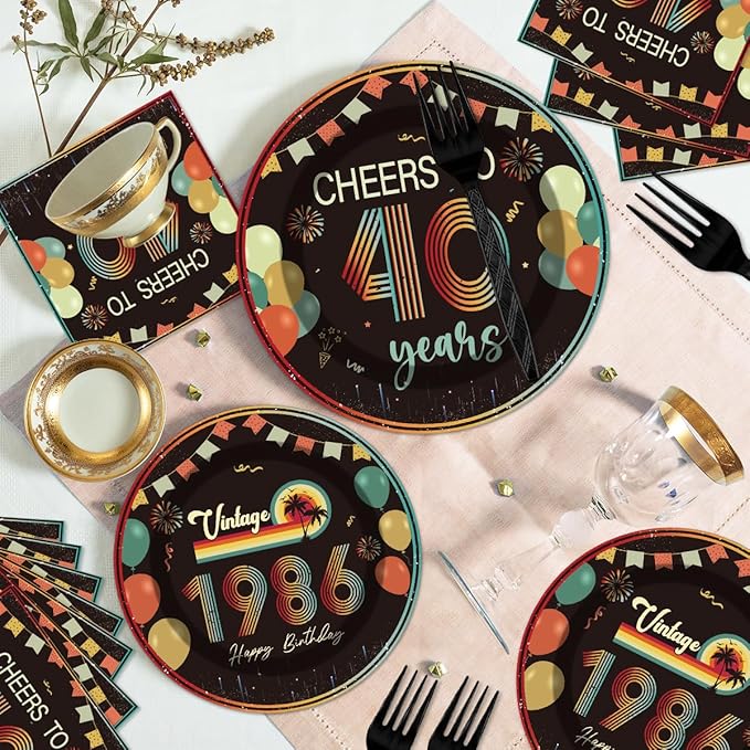 96Pcs Vintage 40th Birthday Decorations Tableware Set Back in 1986 Paper Plates Napkins Forks Cheers to 40 Years Disposable Tableware Decor for Women Men 40th Birthday Party Favor Serve 24 Guests