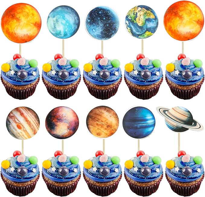 Ephlyn 36Pcs Outer Space Cupcake Toppers Planet Rocket Spaceship Trip to the Moon Star Cupcake Picks Solar System Galaxy Universe Planets Birthday Cupcake Decorations Party Supplies