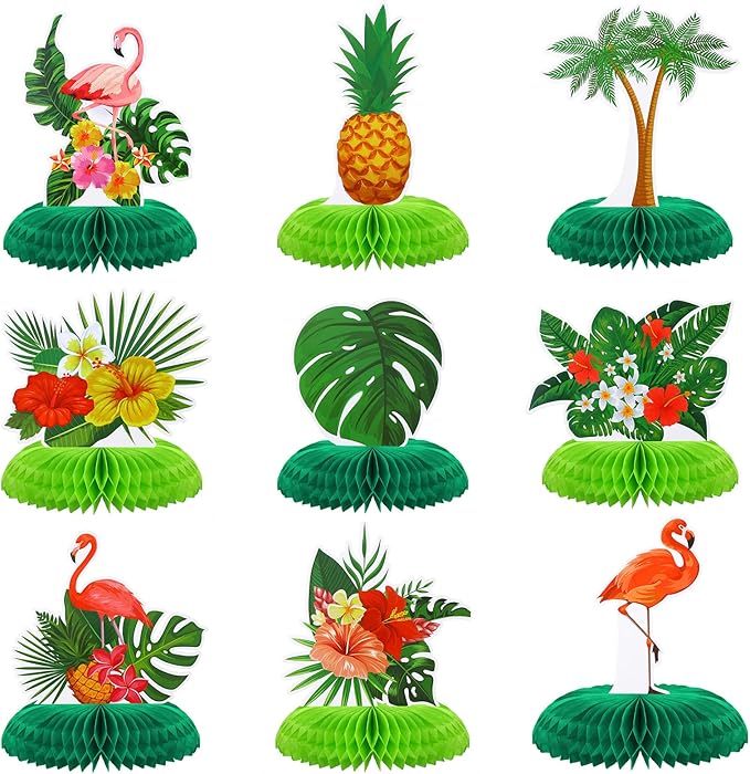 Honoson 9 Pcs Hawaiian Luau Aloha Party Decorations Summer Tropical Honeycomb Centerpieces Table Topper Flamingo Pineapple Palm Tree Table Centerpieces for Party Kids Birthday Beach Hawaii Supplies