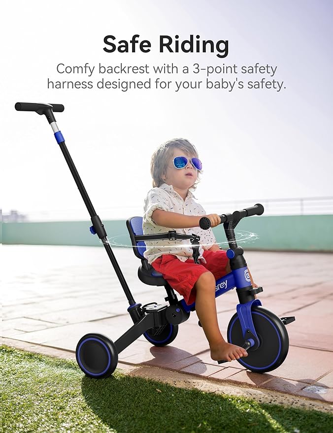 besrey 4 in 1 Toddler Bike, Toddler Tricycle for 1-3 Year Old, Trike with Push Handle, Backrest and Safety Belt, Birthday Gifts and Toys for Boys and Girls, Balance Bike (Dark Blue)
