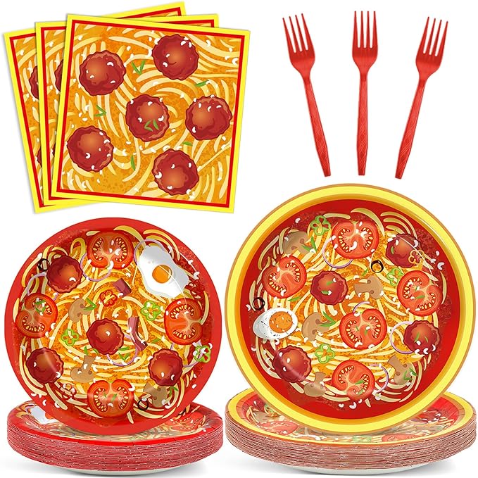 gisgfim 96 Pcs Spaghetti Plates and Napkins Pasta Party Supplies Tomato Meatball Birthday Party Paper Tableware Set Pasta Theme Decorations Favors for Family Gathering Dining for 24 Guests