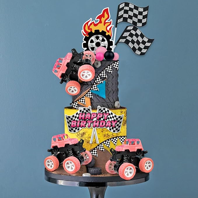20PCS Pink Truck Cake Decoration 3 Off-road Vehicle Cake Top Decoration Deep Pink Peach Black Balls Truck Themed Party Supplies