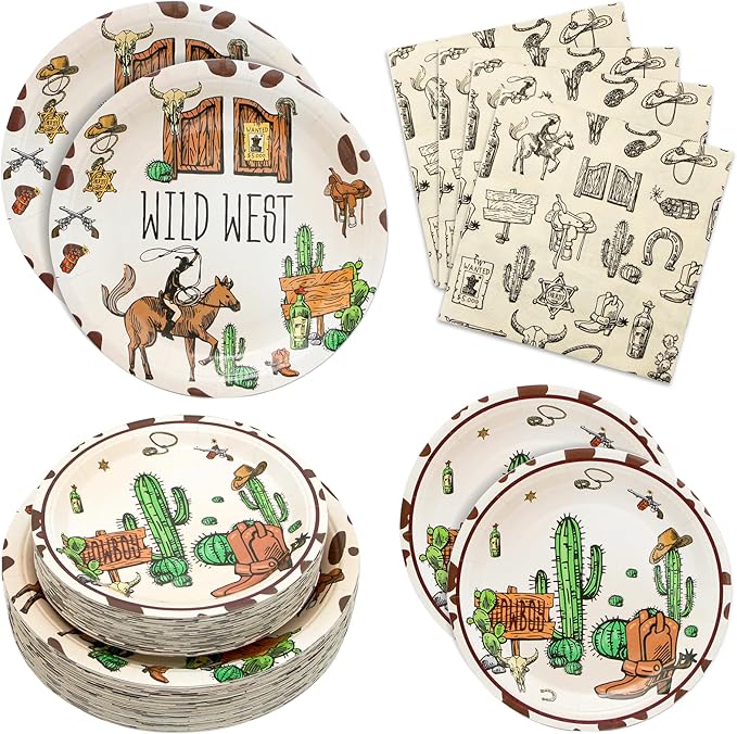 180PCS Cowboy Party Supplies Serve 60,Western Cowboy Birthday Paper Plates and Napkins Kit for Rodeo Birthday Baby Shower Party Decorations,Includes Dinner and Dessert Plates, Napkins