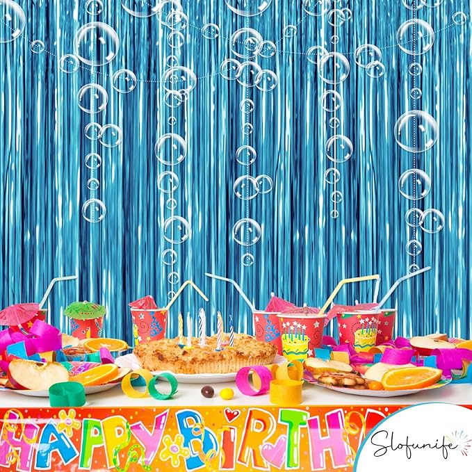 Under The Sea Party Decorations,1 Blue Fringe Backdrop 3 Bubble Garlands with Tape for Beach,Water,Pool,Ocean Themed Decor,Mermaid Birthday Photo Props,Ocean Baby Shower Party Supplies