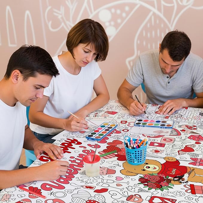 Valentine Coloring Tablecloth, Giant 30x72 Inch Poster with Bear, Hearts and Love Designs, Valentine’s Day Party Activities, Classroom Decorations, Party Supplies and Favors