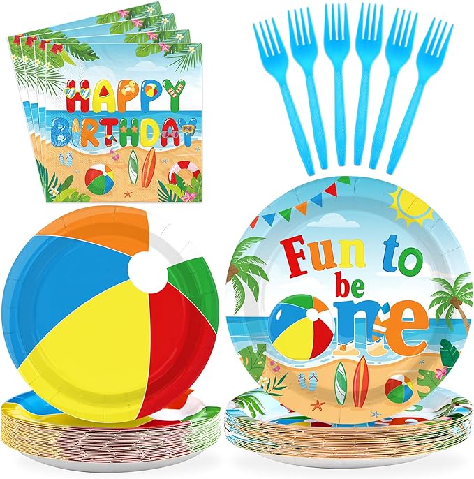 96Pcs Beach Ball Party Supplies Summer Beach Ball 1st Birthday Plates and Napkins Tableware Sets Fun to Be One Decorations for Baby Shower Luau Pool First Birthday Party Supplies Serves 24