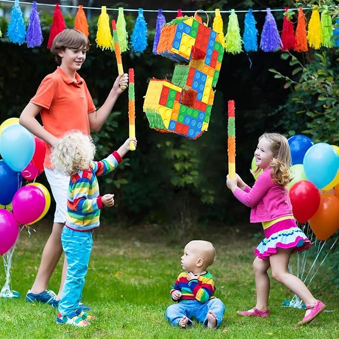 Building Blocks 3rd Birthday Party Decorations Number 3 Pinata with Pinata Stick & Blindfold for Kids Girls Boys Happy Birthday Building Block Theme Party Supplies Carnival Games