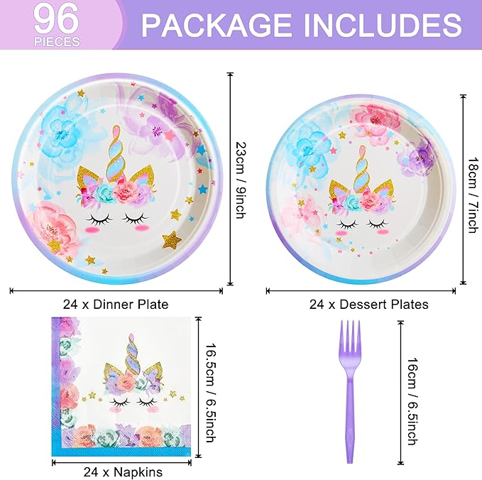 96 Pcs Birthday Party Supplies Rainbow Horned Horse Plates Napkins Forks Tableware Set Disposable Decorations for Girl Birthday Party, Serves 24 Guests