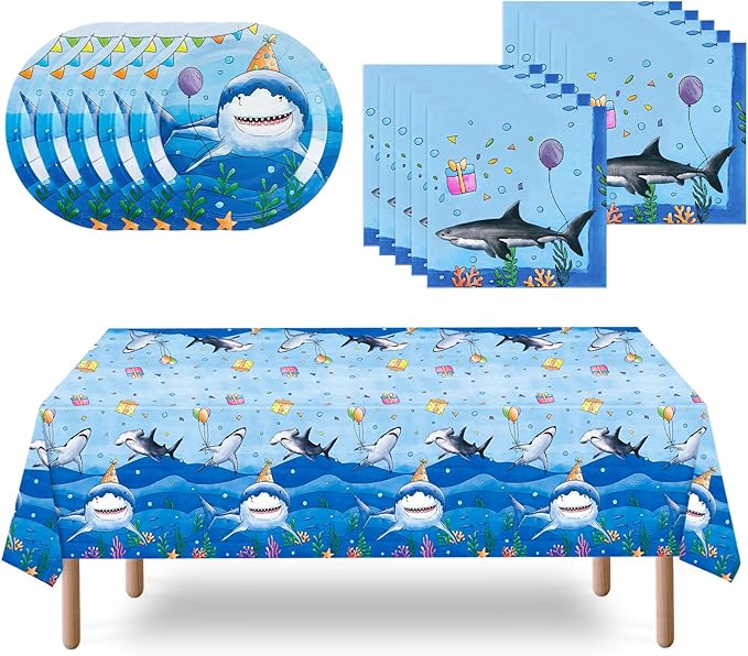 WERNNSAI Shark Birthday Party Decorations - 33 PCS Shark Plates Napkins and Tablecloth Under The Sea Birthday Decorations for Kids Boys Summer Pool Ocean Theme Party Favors Serve 16 Guests
