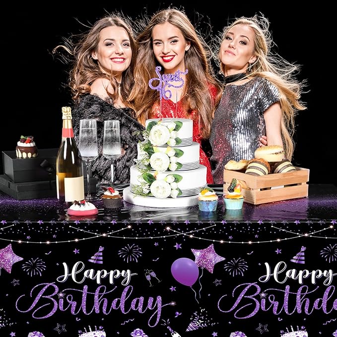Tudomro 1 Pcs Happy Birthday Tablecloths Happy Birthday Party Decorations Plastic Table Cover Rectangular Cloths for Women Men Baby Shower Party Supplies, 108 x 54 Inch (Black Purple)