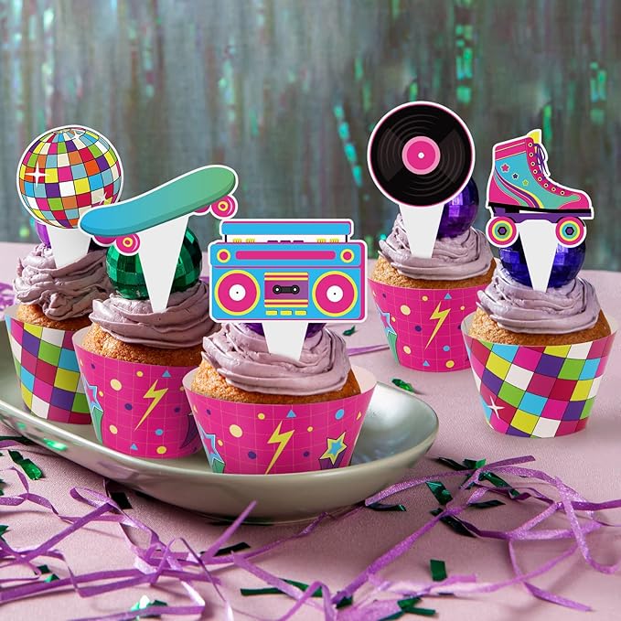 48 Pack Retro Cupcake Toppers and Wrappers, Retro Neon Party Cake Decoration for 80s 90s Theme Birthday Party Baby Shower Supplies