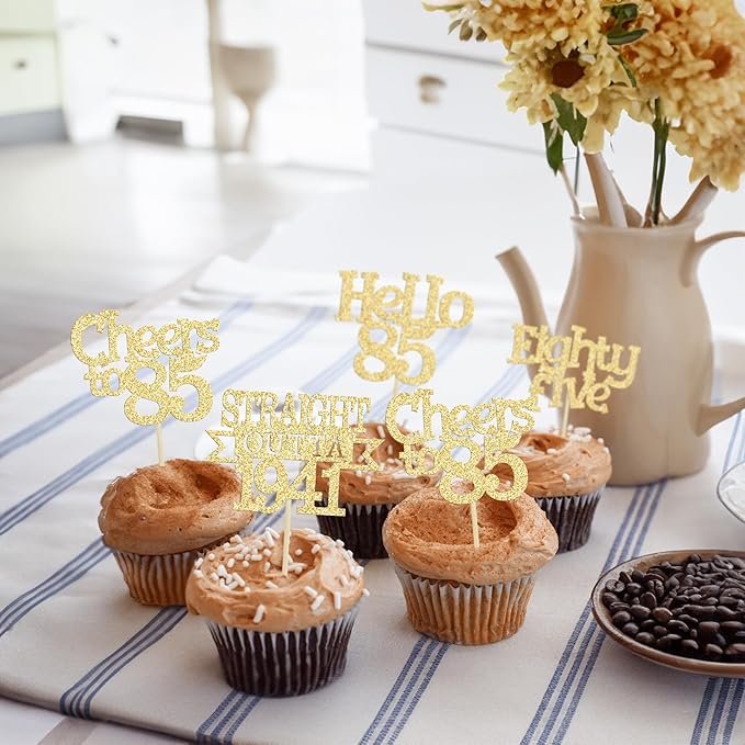 Ephlyn 24Pcs 85th Birthday Cupcake Toppers Glitter Straight Outta 1941 Cupcake Picks Hello 85 Cheers to 85 Years Cake Decorations for 85th Birthday Anniversary Party Decorations Supplies Gold