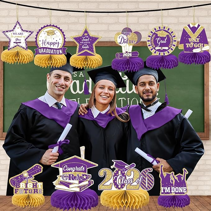 10PCS Graduation Party Decorations Class of 2026 Congrats Grad Table Centerpieces Congratulate Graduation Honeycomb Table Toppers for Graduation Party Supplies(Pueple Gold)