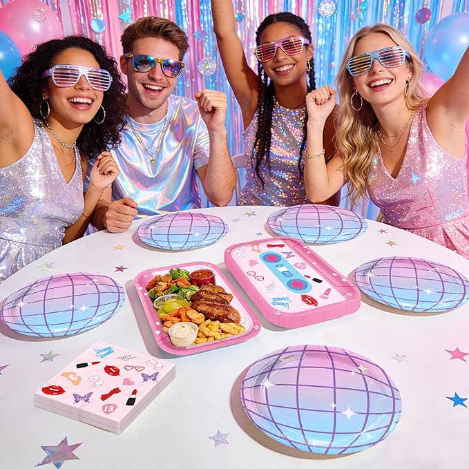 96Pcs In My Birthday Era Party Decorations Era's Birthday Singer Music Plates and Napkins Sets Iridescent Disco Music Friendship Decorations for Girls Women Bday Bachelorette Party Supplies Serves 24