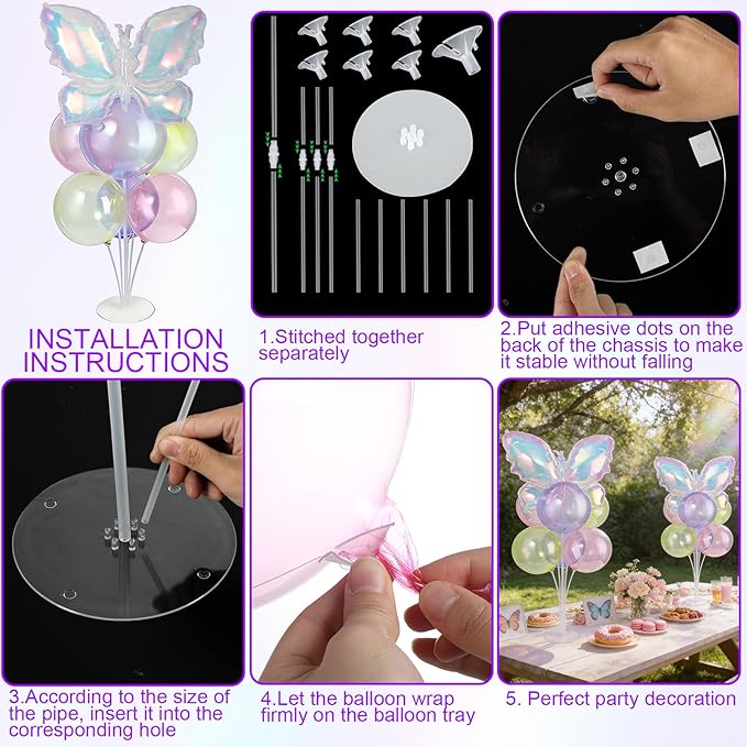 Colored Translucent Butterfly Party Balloons Stand Kit 2 Sets with Rainbow Holographic Clear Butterfly Foil Balloons Party Balloon Centerpiece for Tables for Holiday Birthday Wedding Decorations
