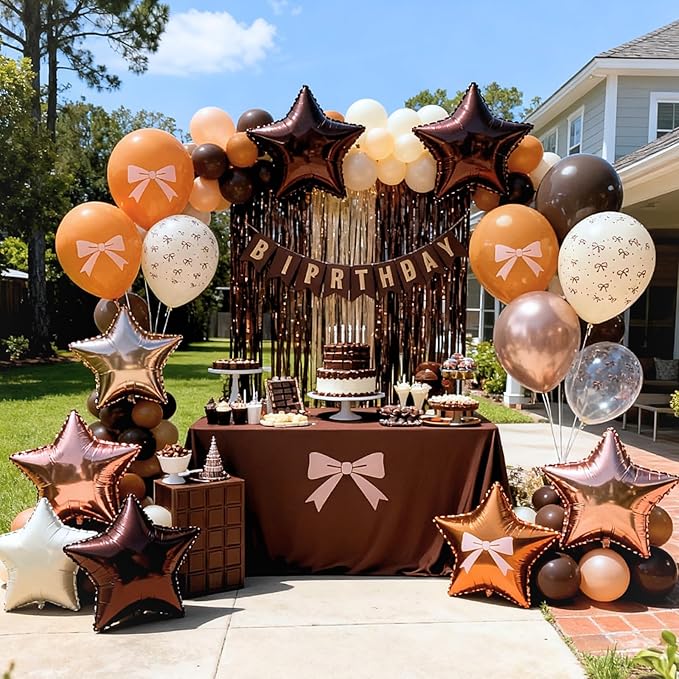Brown Bow Balloons, 50pcs 12 Inch Dark Coffee Tan Metallic Gold Nude Sand White Clear Neutral Bow Print Balloons for Girl Women Brown Birthday Bow Theme Party Baby Shower Wedding Engagement Decoration