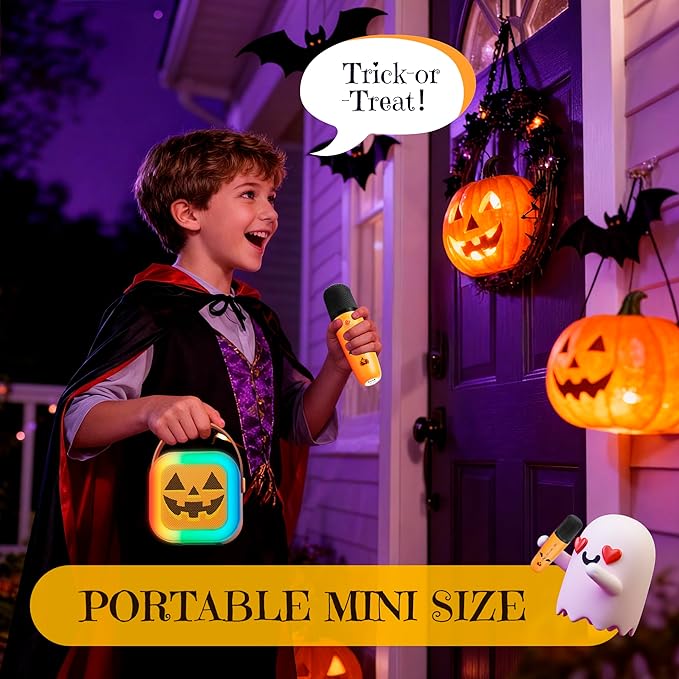 Mini Karaoke Machine for Kids, Halloween Party Supplies & 2025 TOP Toy Gifts Ideas for Girls Boys Ages 4-12, Portable MP3 Player with 2 Wireless Mics for Birthday Christmas Singing Games（Pumpkin）