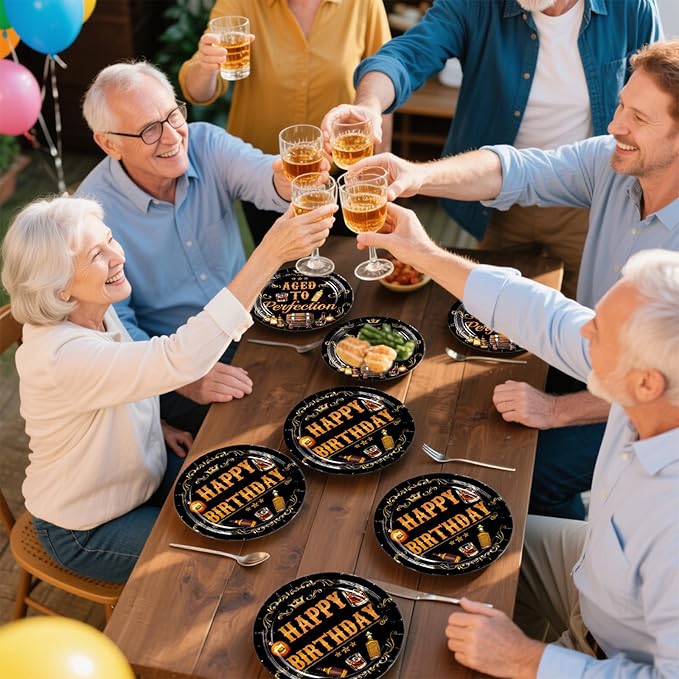 Grencian 96Pcs Whiskey Birthday Party Decorations for Men Aged to Perfection Party Supplies Plates Disposable Heavy Duty Whiskey Birthday Tableware Set for Beer Theme Parties Supplies Serves 24