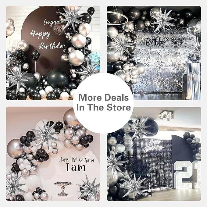 137Pcs Black and Silver Balloons Garland Arch Kit with Stars - 5 10 12 18 inch Black Silver Confetti Latex Party Balloons for 2025 Graduation Retirement Birthday Anniversary