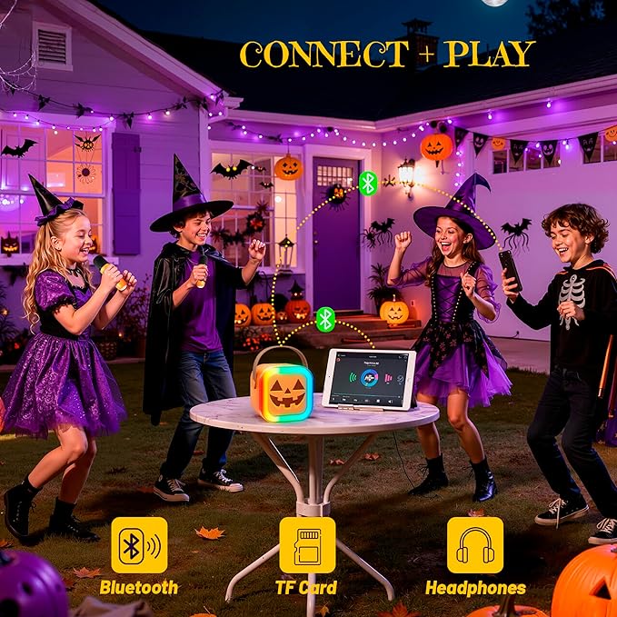 Mini Karaoke Machine for Kids, Halloween Party Supplies & 2025 TOP Toy Gifts Ideas for Girls Boys Ages 4-12, Portable MP3 Player with 2 Wireless Mics for Birthday Christmas Singing Games（Pumpkin）