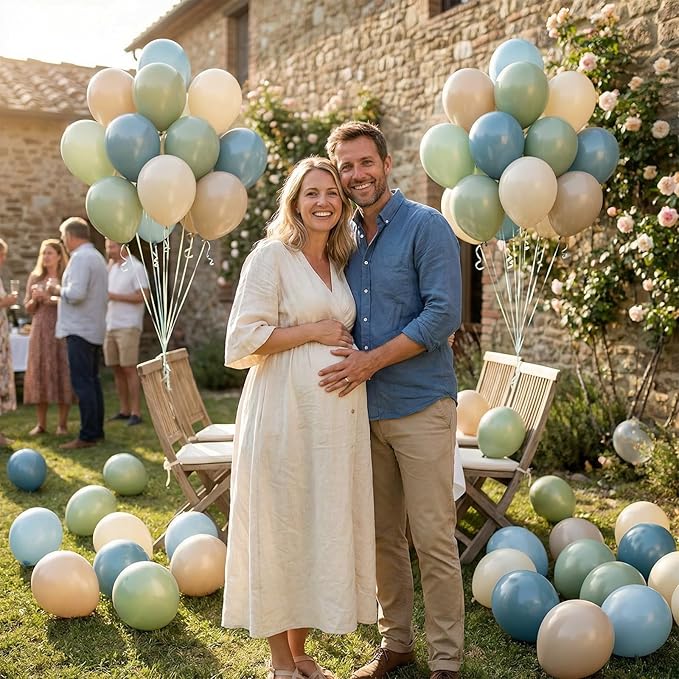 Sage Green and Blue Balloons, 50 Pcs 12 Inch Olive Green Dusty Blue Haze Beige White Transparent Party Balloons for Kids Baby Boy Shower Rabbit Boho Bridal Shower Wedding Birthday Party Decorations